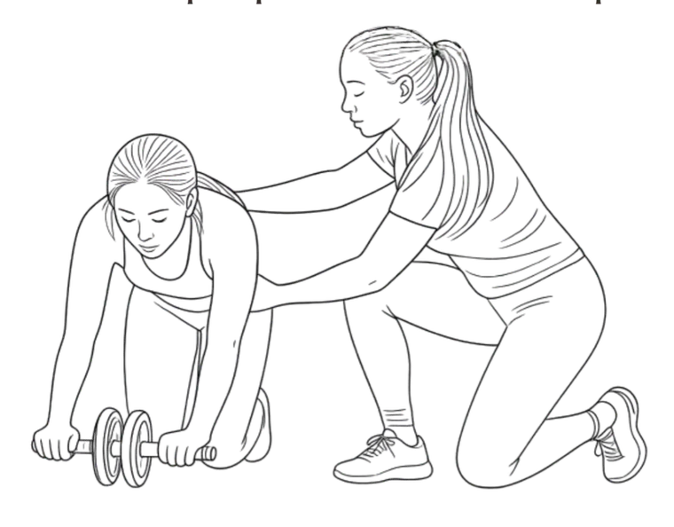 Illustration d'une coach accompagnant une cliente lors d'un exercice de gainage en coaching privé