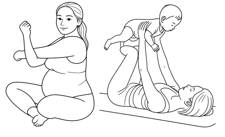 Illustration d'une séance de gym prénatale et postnatale, une femme enceinte qui s'étire et une maman qui fait de l'exercice avec son bébé